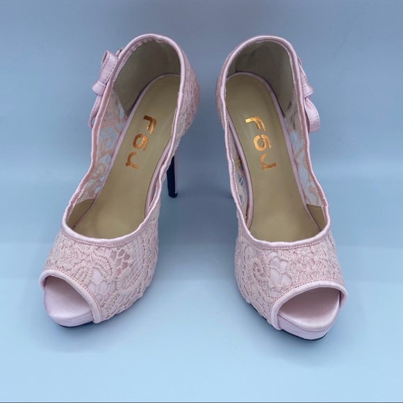 Pink Lace heels Peep Toe Rhinestone Platform Shoes - Picture 2 of 12